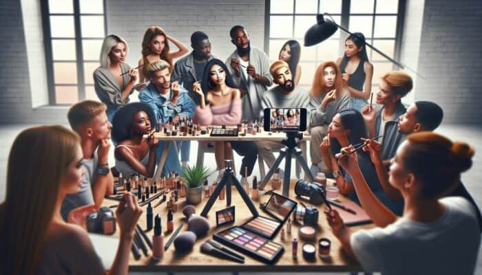 Influencers collaborating with a beauty brand in a vibrant, authentic makeup tutorial setting, showcasing product versatility and engaging with the audience.