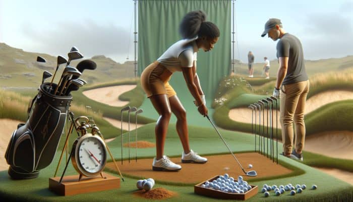 Golfer in South Africa practicing lag shot with various clubs, metronome, and coach, recording swings on diverse course.