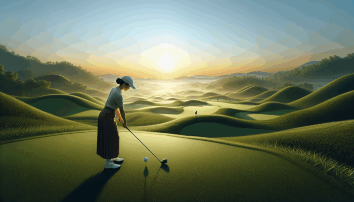 A beginner golfer practicing at sunrise on a serene golf course with lush greens and gentle slopes.