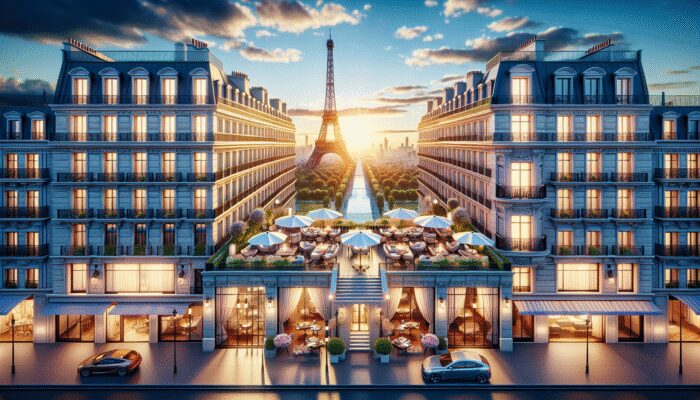 A luxury hotel with panoramic Eiffel Tower views at dusk, surrounded by gourmet dining and high-end boutiques in a prestigious Parisian neighborhood.