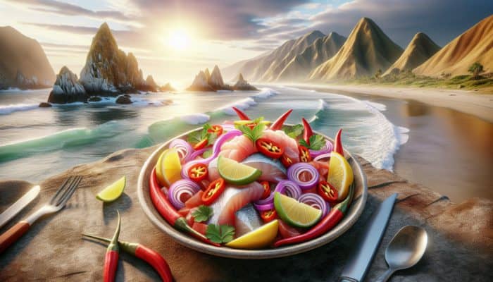 Best Peruvian Ceviche Recipes to Try: Colorful Peruvian ceviche with raw fish, citrus, chili, and onions, seaside setting.