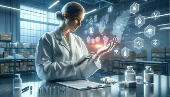 A healthcare professional assessing sterile gloves in a contemporary Ashford warehouse, accompanied by analysis charts and supplier logos.