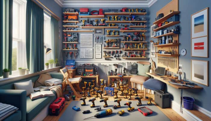 Compact Tools for Small-Space House Clearances: A variety of compact tools neatly organised in a small UK home, showcasing efficiency and versatility.