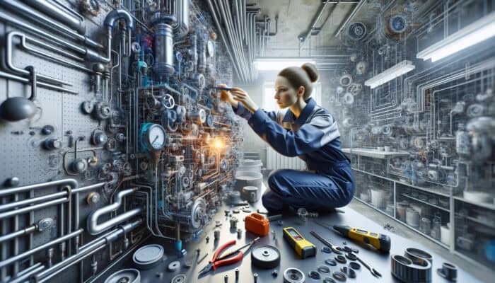 A technician in safety gear carefully cleans and inspects a modern boiler in a well-lit basement, using tools to check for leaks and ensure durability.