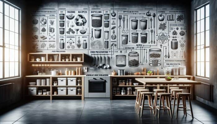 Kitchen scene featuring food scrap storage, upcycling recipes, and preservation methods like freezing, dehydrating, and fermenting.