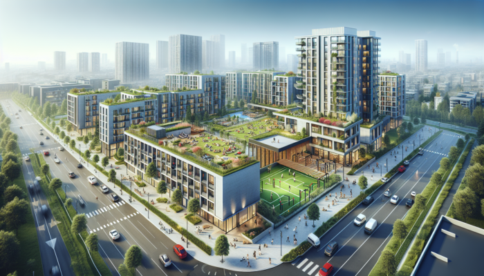 Modern apartment complex in a bustling city with rooftop garden, gym, and parking; tenants relaxing, icons showing location, amenities, and demand.