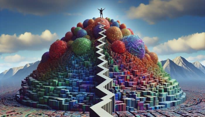 Combining Debt Consolidation With Balance Transfers: UK Guide | DCL Combining Debt Consolidation With Balance Transfers: A person on a mountain of colorful blocks, symbolizing consolidated debts, with a clear path down for simplified repayment and financial relief.
