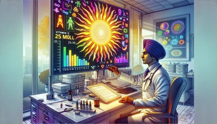 UK doctor in a sunlit Beverley clinic examines Vitamin D test results on a screen, showing 25-50 nmol/L ranges with sunlight and health icons.