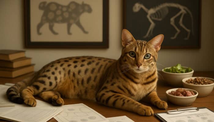 Majestic Ocicat with genetic spots lounging in study surrounded by health records and food bowls.