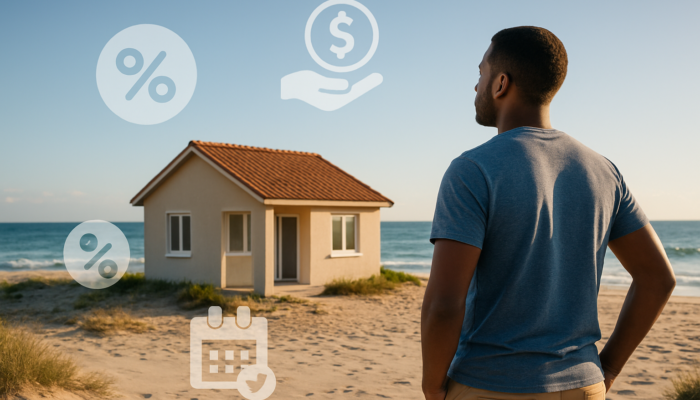 First-time buyer on Mahikeng beach admiring affordable home with icons of low-interest loans and subsidies.