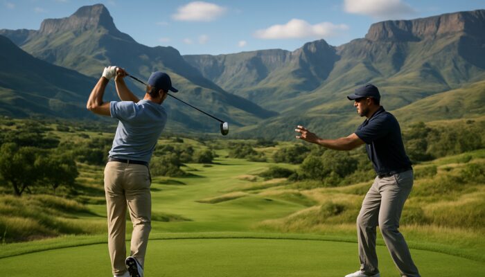 Golfer mid-swing on Drakensberg course, coach demonstrating rotation, dramatic mountains and green fairways.
