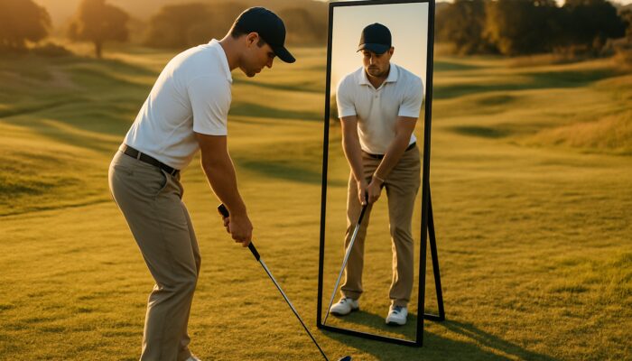 Focused golfer aligning shoulders and hips on uneven South African fairway with mirror.