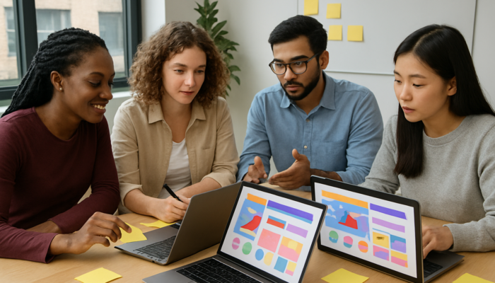 Diverse team testing vibrant ecommerce site in modern London office with laptops and sticky notes.