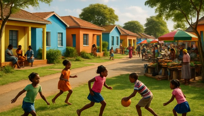 Vibrant Thohoyandou neighborhood with colorful family homes, kids playing in parks, and bustling markets.