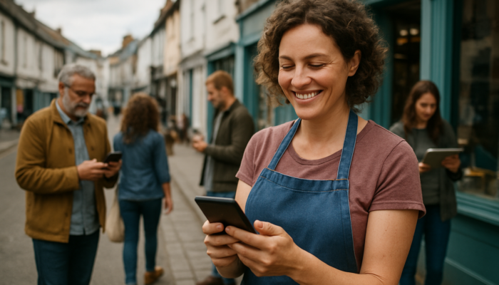 Cheerful Totnes business owner posting on Instagram amid bustling street and engaged locals.