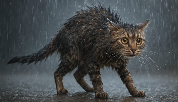 Drenched tabby cat with terrified eyes shaking off rain, illustrating feline water aversion.