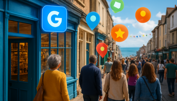 Vibrant Swanage shopfront with glowing Google My Business icons and floating keywords attracting eager customers.