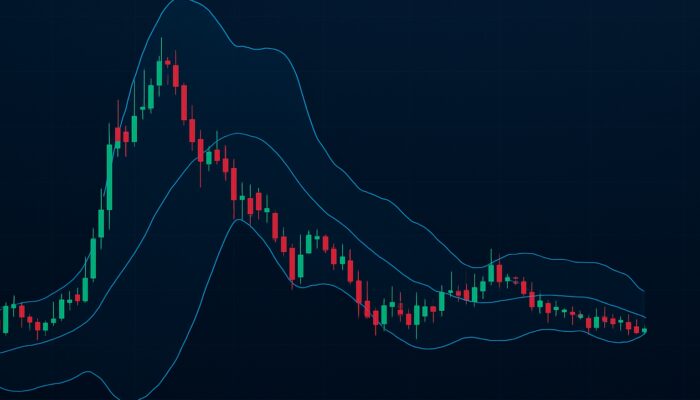 Cryptocurrency chart with Bollinger Bands: wide during volatile price spikes, narrow in stable markets.