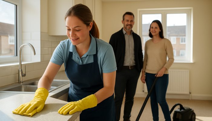 Professional cleaner in a Yeovil home cleaning countertops and vacuuming carpets, while tenant and landlord smile at the spotless interior.