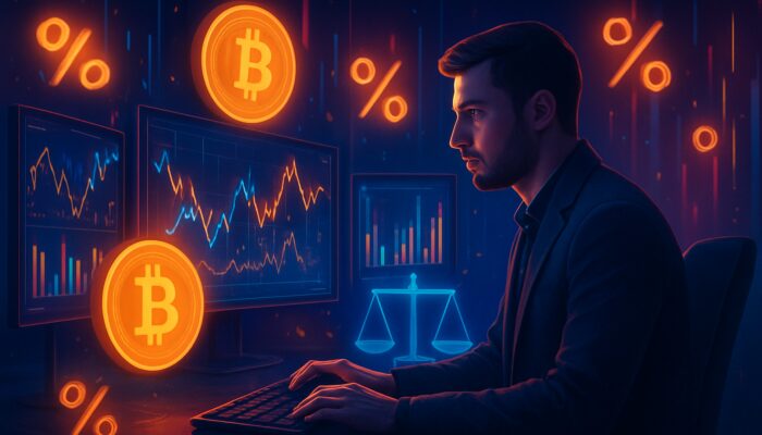 Focused crypto trader analysing charts, Bitcoin coins, and risk-reward scales in a neon-lit environment.