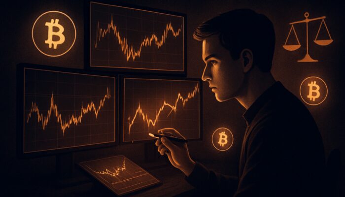 Crypto trader analysing volatile charts, marking entry and exit points with illuminated lines and Bitcoin symbols.