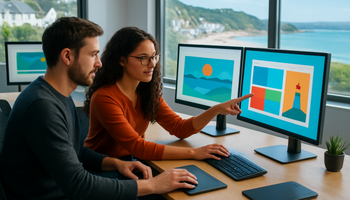 Web designers collaborating in a contemporary Kingsbridge office with vibrant WordPress displays and coastal views.