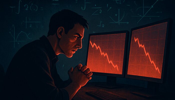 Focused crypto trader analysing declining stock charts and red drawdown graphs while contemplating floating formulas.