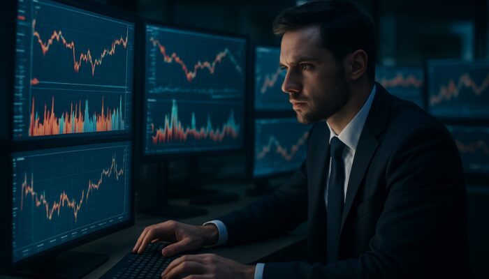 Dedicated trader scrutinising real-time drawdown charts and stock graphs on illuminated screens.