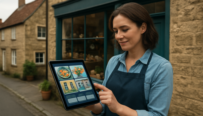 Local SEO in Ilchester shop owner updating Google My Business on tablet, showcasing vibrant photos and hours.