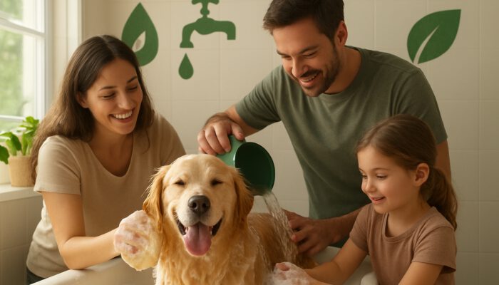 Family bathing golden retriever in a well-lit bathroom, using a bucket and sponge for water conservation alongside eco-friendly icons.