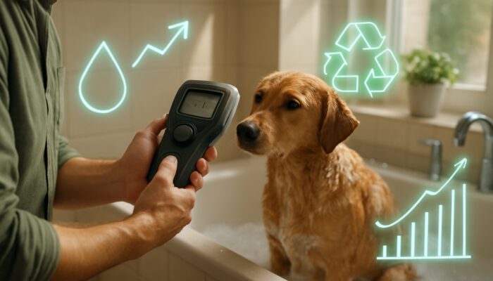 Pet owner monitoring water usage during dog's bath with a digital meter, holographic graphs, and eco-friendly symbols.