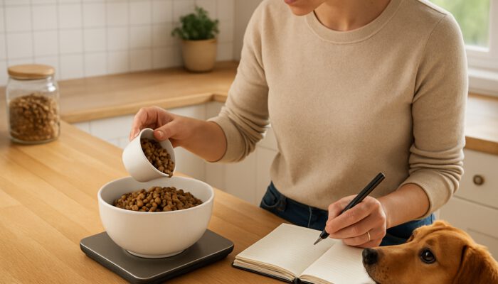 Pet owner measuring dog food using cups and scale in a sunny kitchen, while the dog watches eagerly.