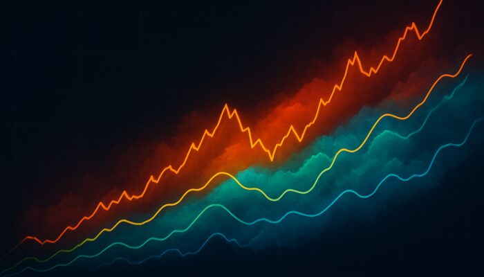 Ichimoku Cloud financial chart: five intertwined lines in colourful shaded formation, illustrating market trends and momentum.