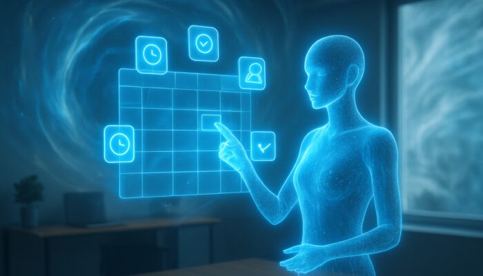 A holographic AI assistant organising a digital calendar with floating icons in a serene office amid chaos.