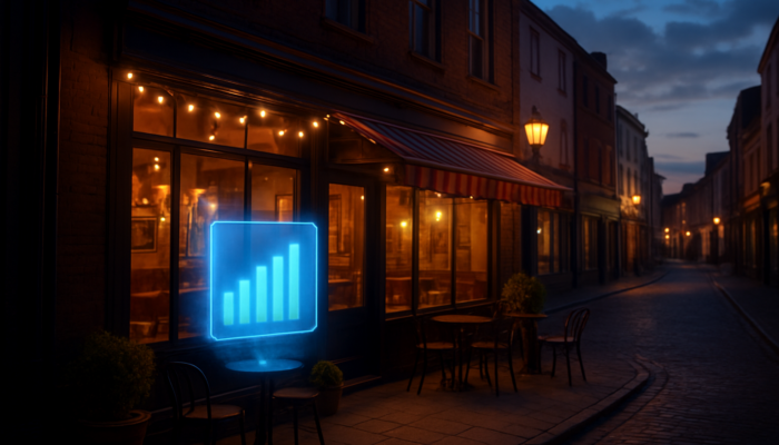Charming café on Bridgwater high street at twilight, illuminated by string lights with a holographic screen displaying top Google ranking for best coffee.