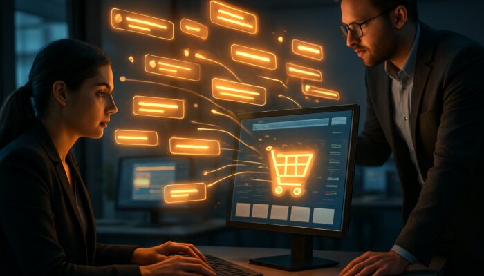 Analysts extracting impactful keywords from user reviews to enhance a vibrant e-commerce website.