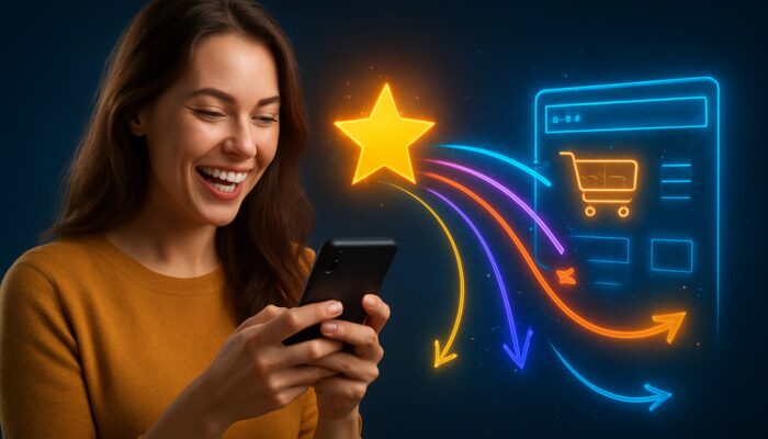 A satisfied customer using a smartphone to post a review, with vibrant links to a busy e-commerce site symbolising SEO growth.