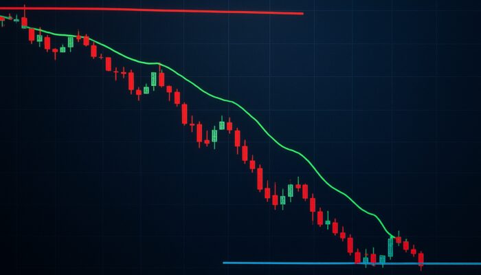 Stock chart illustrating red stop-loss, green trailing stop, and blue limit lines during a rapid market decline.