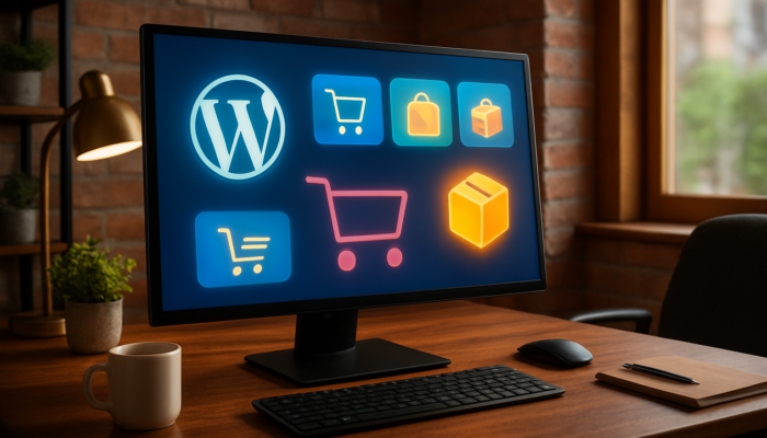 Lively WordPress dashboard in Bridport office, featuring WooCommerce e-commerce icons and shopping carts.