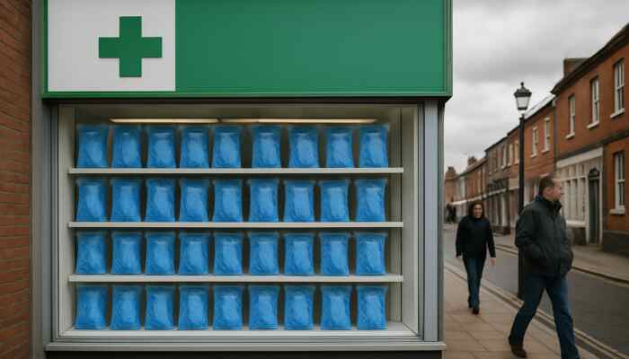 Sterile blue medical gloves on shelves in the pharmacy window of Burton upon Trent.