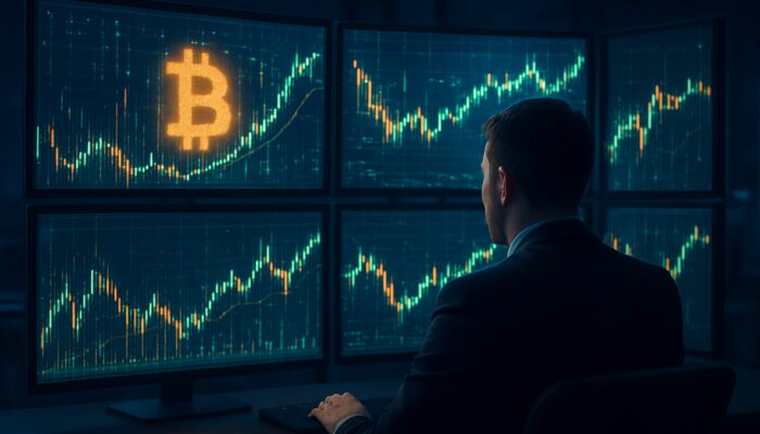 Trader analysing cryptocurrency charts on multiple screens during a backtesting simulation.
