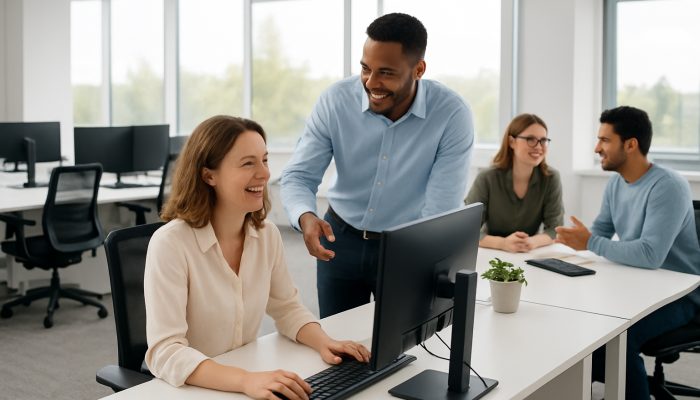 A contemporary Ilchester office with immaculate desks, ergonomic workstations, and satisfied employees collaborating.
