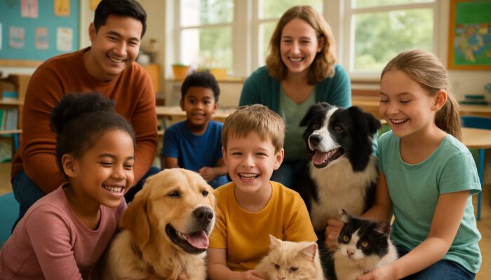 Children and teachers petting therapy dogs and cats in a smiling classroom for emotional support.