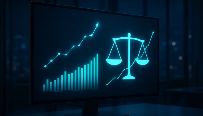 A sleek financial dashboard displaying the Calmar Ratio, rising stocks, and a balanced risk-return overview in a contemporary office.