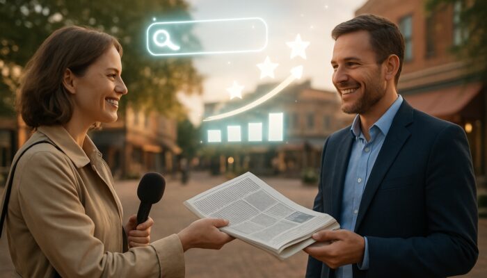 Journalist presenting a newspaper to a smiling business owner in a town square with prominent SEO icons