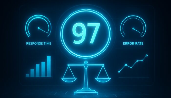 Futuristic holographic dashboard compiling glowing metrics into a central system quality number alongside balancing scales.