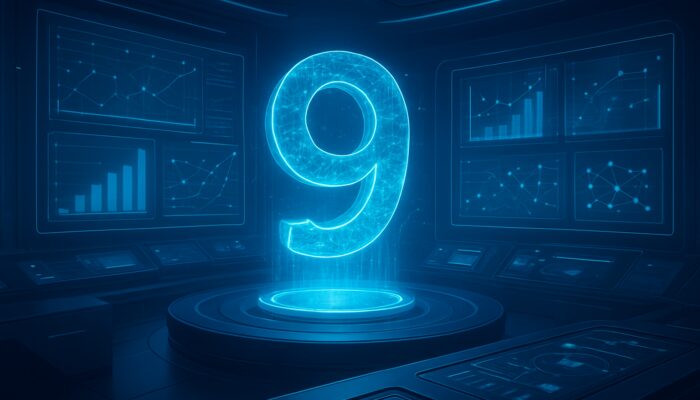 Futuristic control centre featuring a glowing system quality number hologram, evaluation dashboards, and performance charts in sleek blue tones.