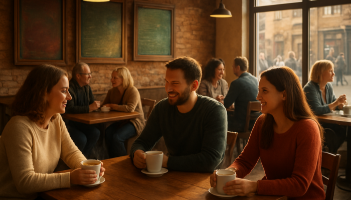 Busy café in South Petherton with happy locals enjoying hot coffees after targeted social media ads