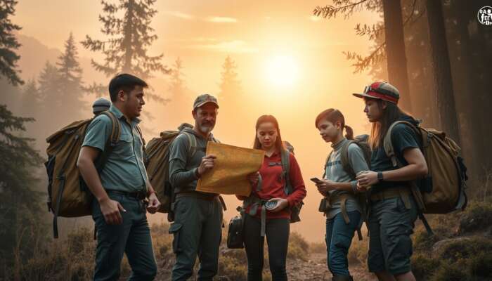 Diverse first-time explorers at a misty forest edge, consulting a map and compass, wearing backpacks and safety gear under a golden dawn.