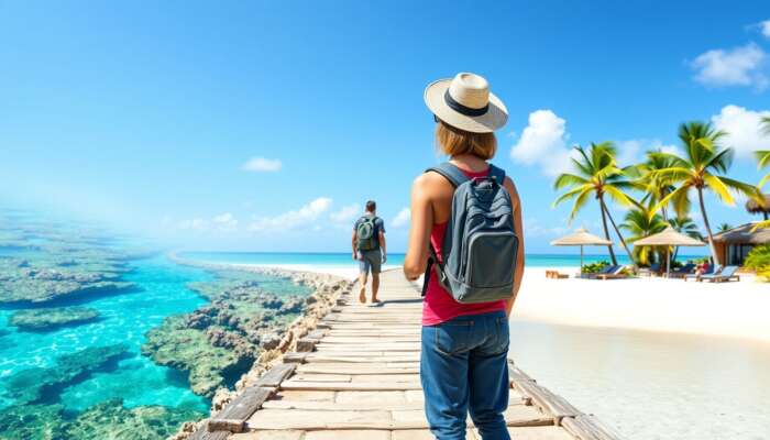 A traveller at a crossroads: one path leads to scuba diving in turquoise waters with coral reefs, the other to yoga on a sun-drenched beach surrounded by palm trees.